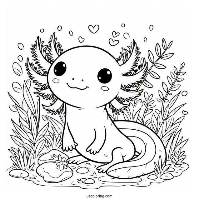 Adorable Little Axolotl Coloring Page Surrounded By Weeds