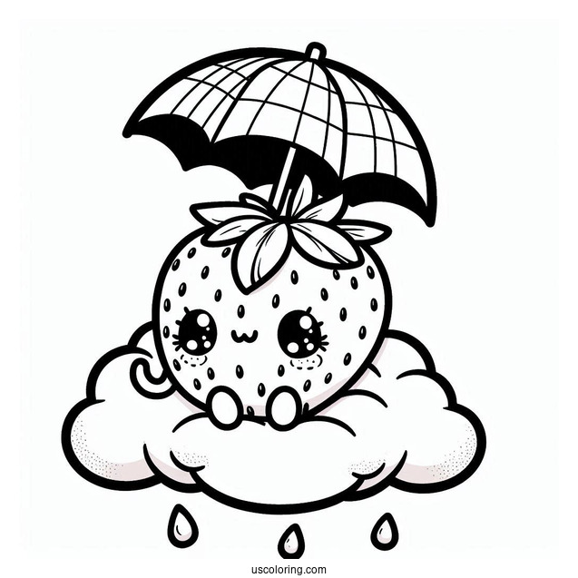 Kawaii Strawberry Coloring Page On The Cloud With An Umbrella For Kids