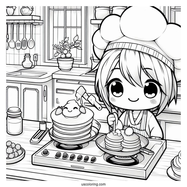 Energetic Chibi Coloring Page Chef Flipping Pancakes in a Cozy Kitchen