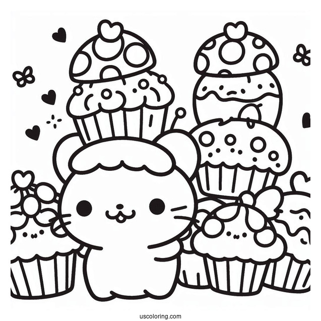 Sanrio Coloring Pages Of Cute Pompompurin Carrying Mushroom Cupcakes