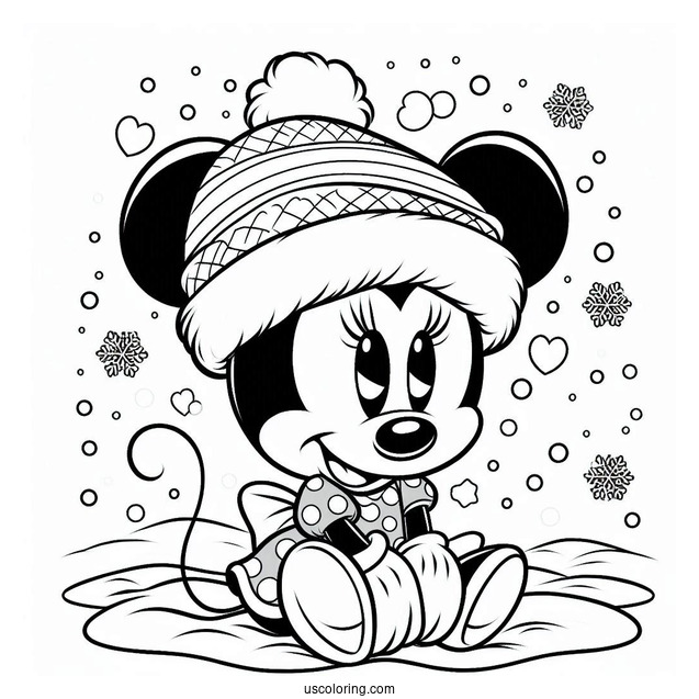 Minnie Mouse Wearing Santa Hat In Snow To Color