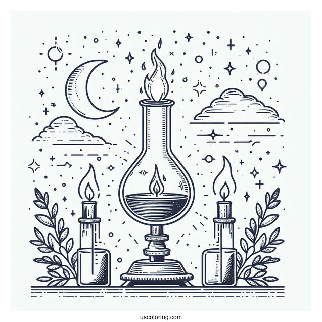 Science Coloring Page Of Volumetric Flask Being Heated On Stand Above Alcohol Lamp