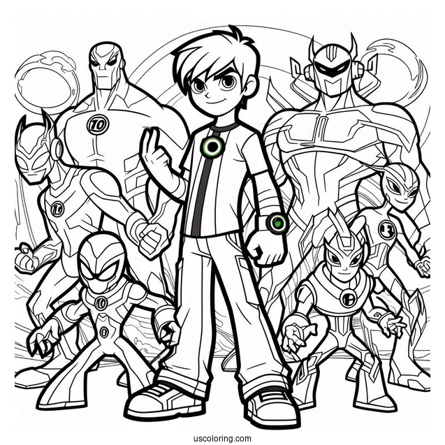 Ben 10 Coloring Page Of Ben Tennyson With All Ten Aliens