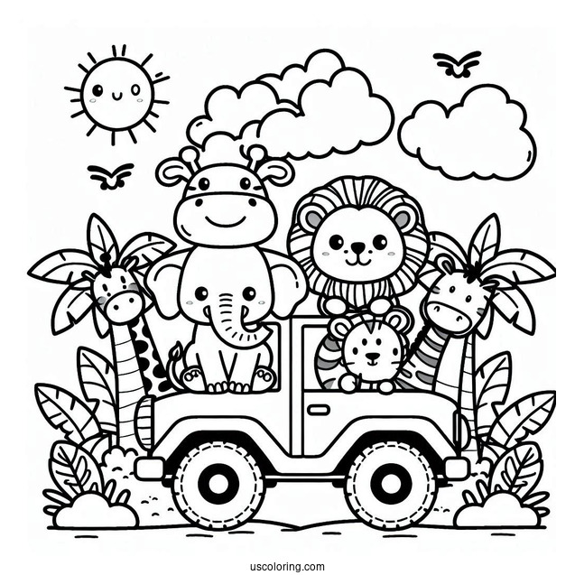 Jungle Coloring Page Of Kawaii Elephant, Lion, Zebra, Hippo, And Giraffe In Jeep For Preschoolers