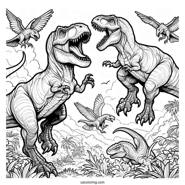 T-Rex Dinosaurs Fighting Velociraptors To Color