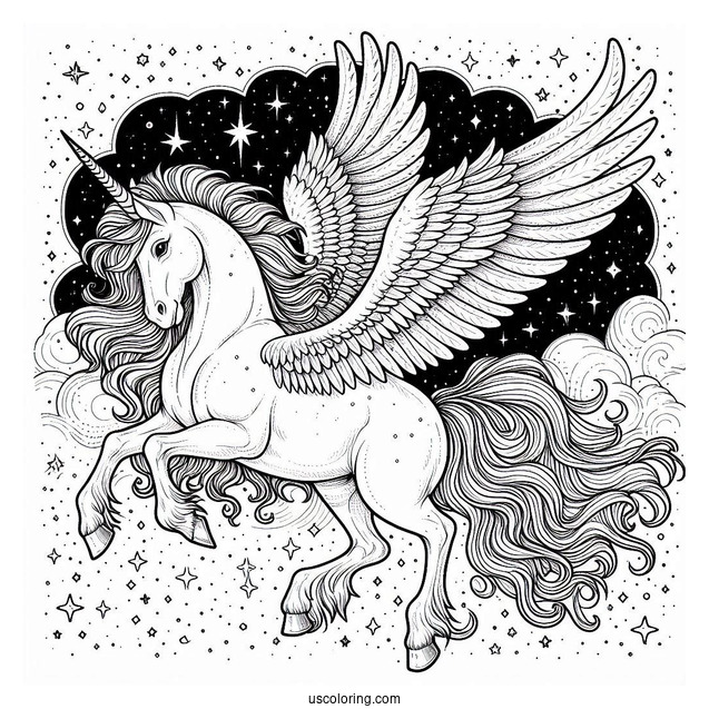 Pegasus Coloring Page With Massive Wings In The Starry Night Sky