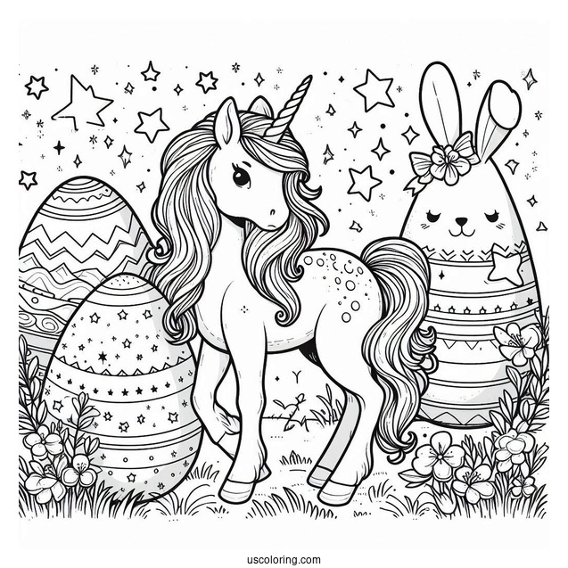 Unicorn Standing on Easter Egg Coloring Page With Stars and Bunnies v2
