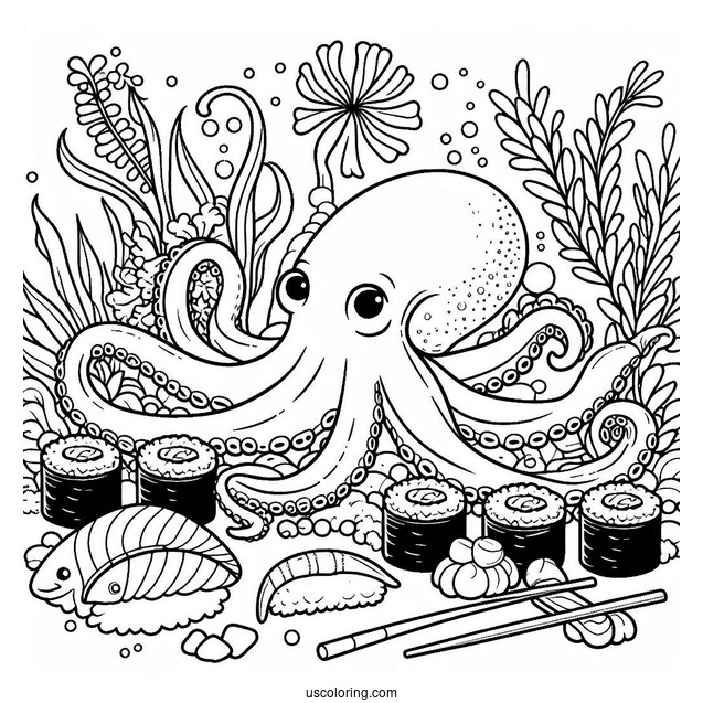 Octopus Eating Sushi Coloring Pages Underwater For Kids
