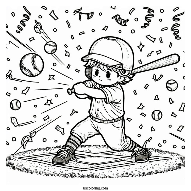 Kid Hitting Baseball Coloring Page with Confetti Celebration