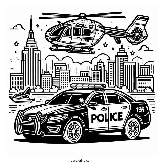 Police Car Coloring Page And Helicopter In The City