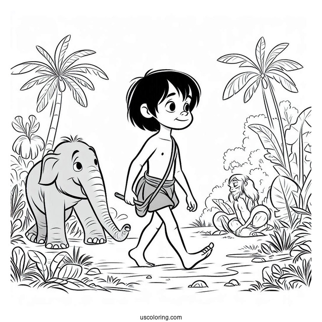 Jungle Book Coloring Page Of Young Mowgli Walking With Hathi Jr For Preschoolers
