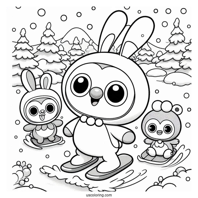 Pororo Coloring Page Of Eddy, Poby, Loopy, And Crong Playing In The Snow