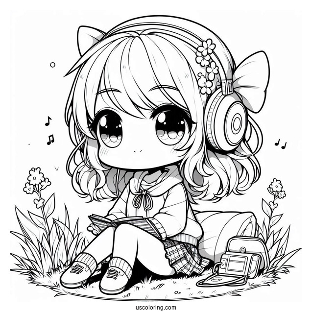 Chibi Girl Listening To Music While Sitting On Grass
