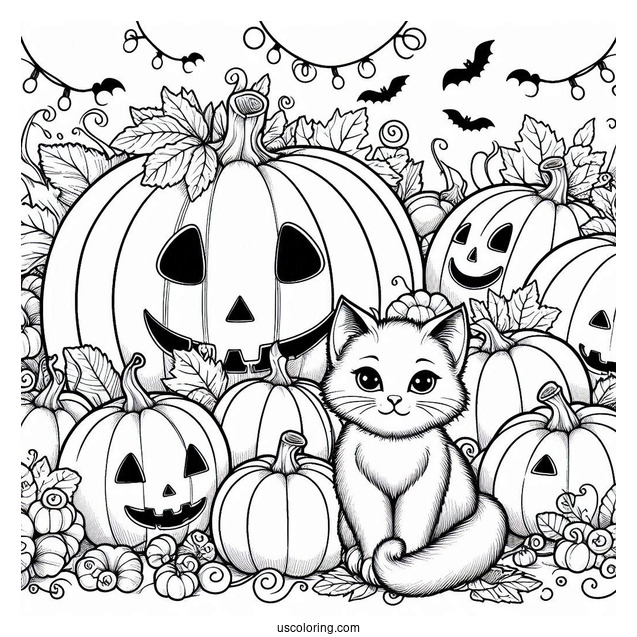 Pumpkin Coloring Page Of Cat Surrounded By Jack O Lanterns