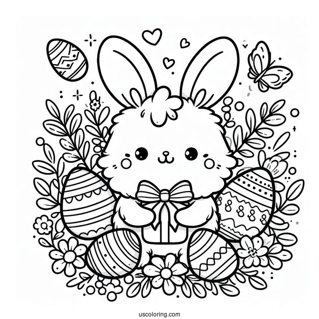 Easter Coloring Page Of Fluffy Kawaii Rabbit Surrounded By Easter Eggs