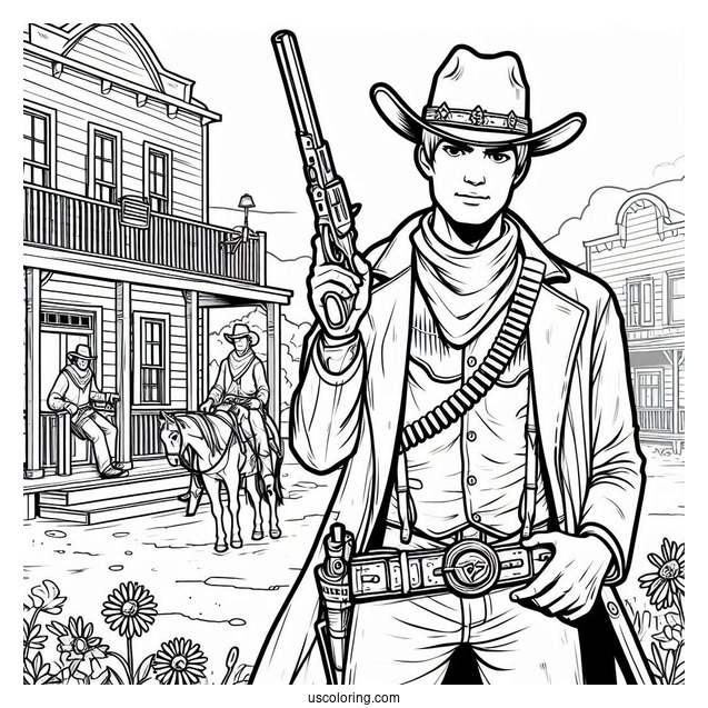 Cowboy Coloring Page Holding Gun In Old West Town