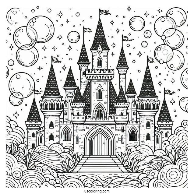 Magical Castle Coloring Page With Bubbly Background