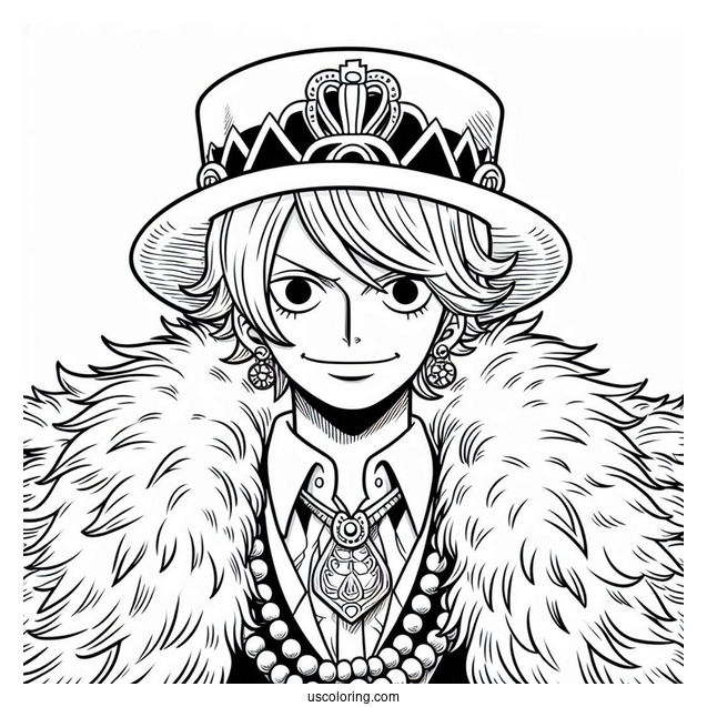 One Piece Coloring Page Of Trafalgar D. Water Law Wearing Fur Coat And Jewelry