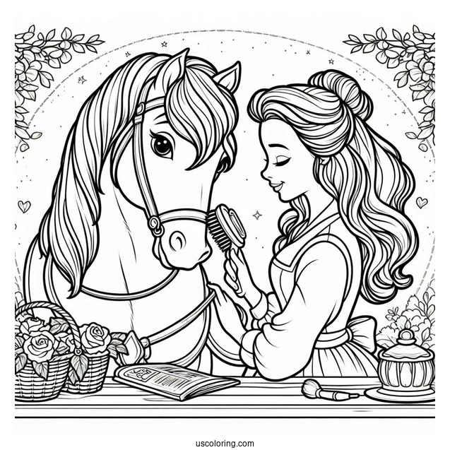 Belle Brushing Her Horse Phillipe To Color