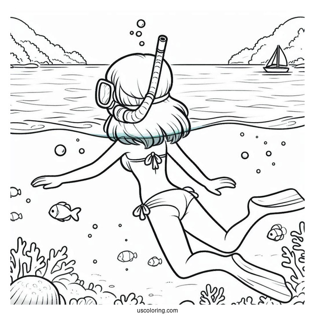 Swimming Coloring Page OfGirl Snorkeling At The Sea
