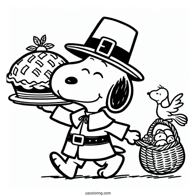 Pilgrim Coloring Page Snoopy Carrying A Pie For Kids