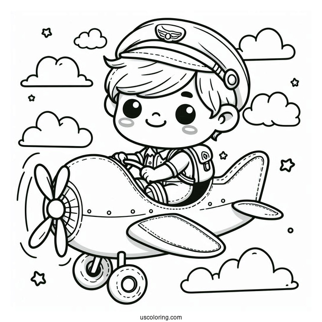 Cute Coloring Page Little Boy Riding An Airplane