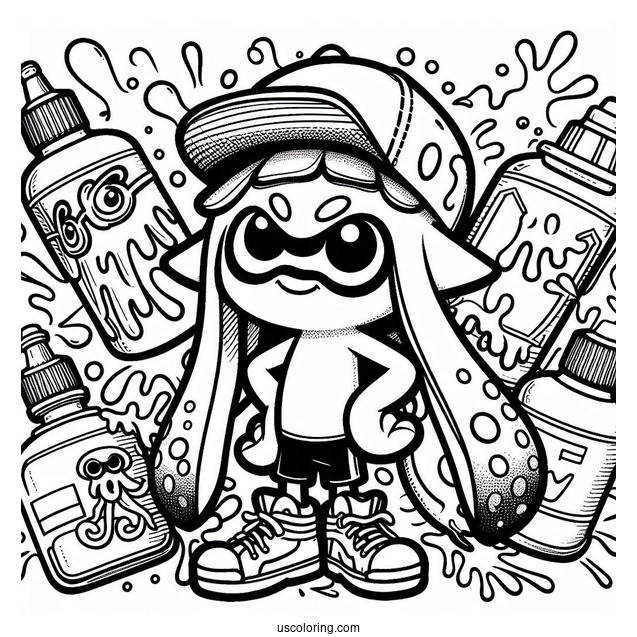 Splatoon Coloring Page Of Squid And Ink Splatter Poster