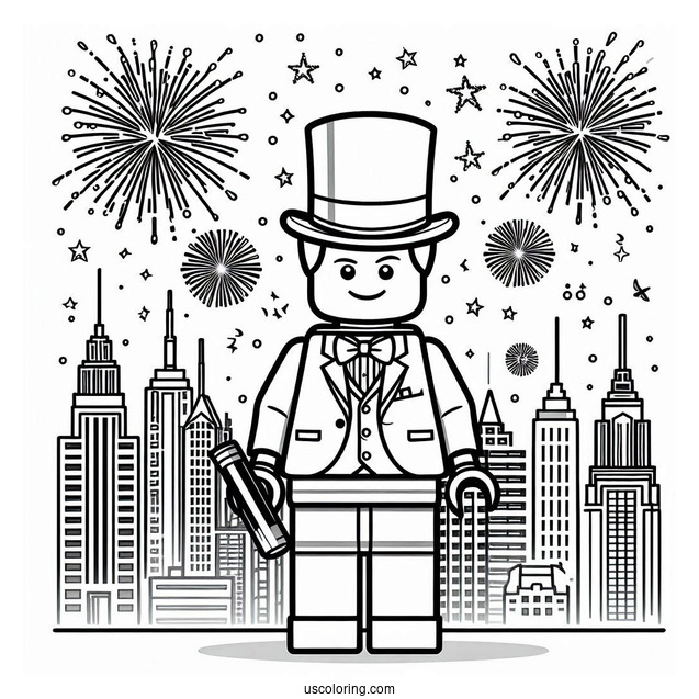 New Year Coloring Page Of Lego Gentleman With City And Fireworks Behind Him For Kids