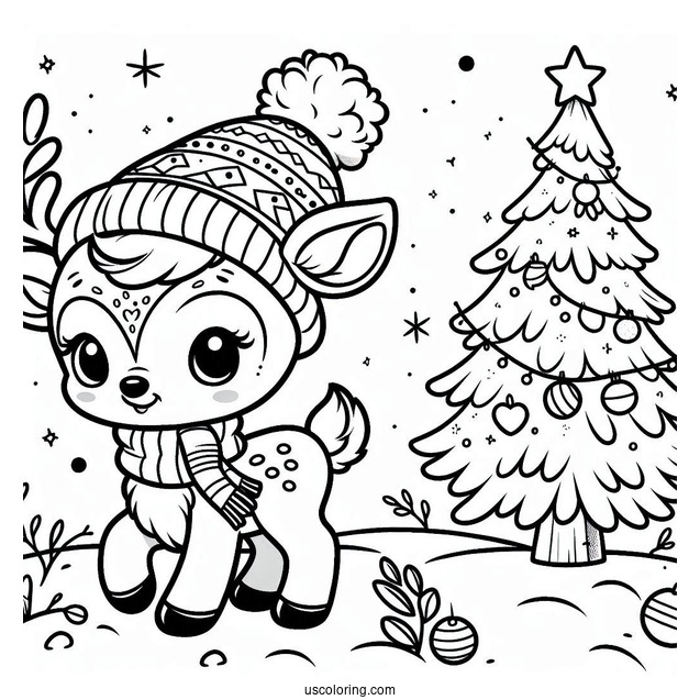 Adorable Little Rudolph Coloring Page Beside A Christmas Tree For Preschoolers