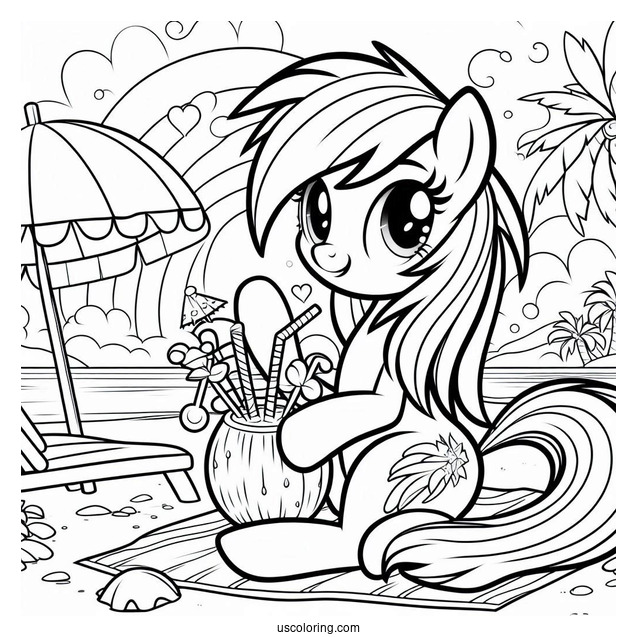 Rainbow Dash Coloring Page Holding Up Coconut Drink At The Beach