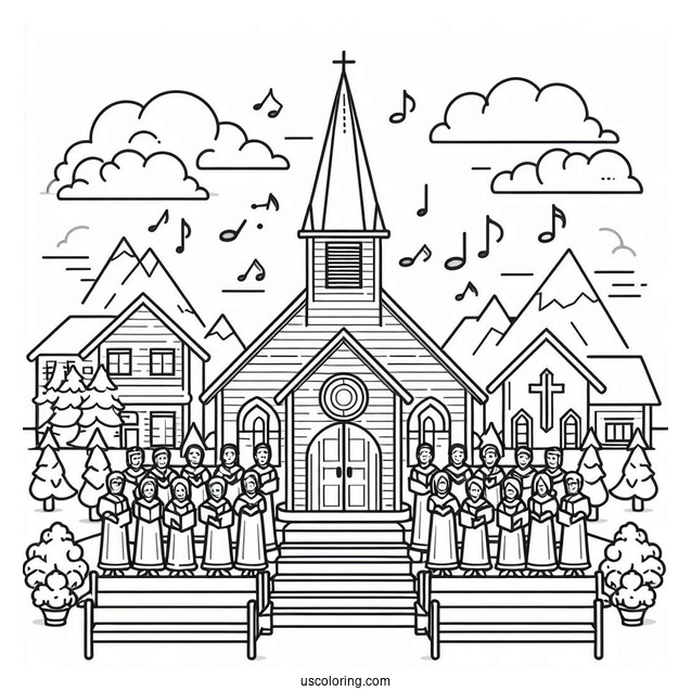 Easy Outline Of Church Coloring Page With Choir For Kids