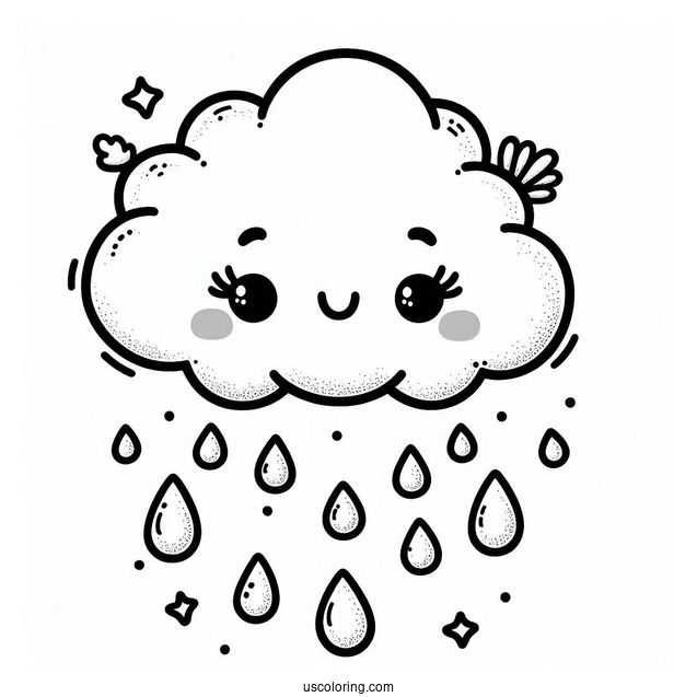 Rain Coloring Page Of Kawaii Raindrops Falling From Cloud For Preschoolers