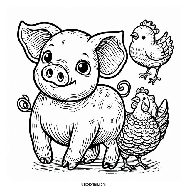 Detailed Pig And Chicken Coloring Sheet