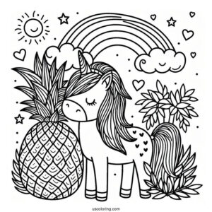 Adorable Pineapple Coloring Page Unicorn With Rainbow For Kids