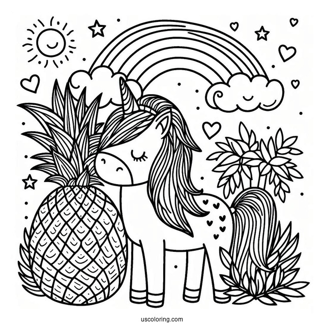 Adorable Pineapple Coloring Page Unicorn With Rainbow For Kids