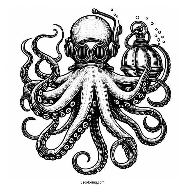 Vintage Diver Holding Octopus Coloring Page
