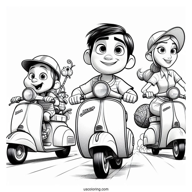 Pixar Coloring Page of Luca, Alberto, And Guila Riding Scooter
