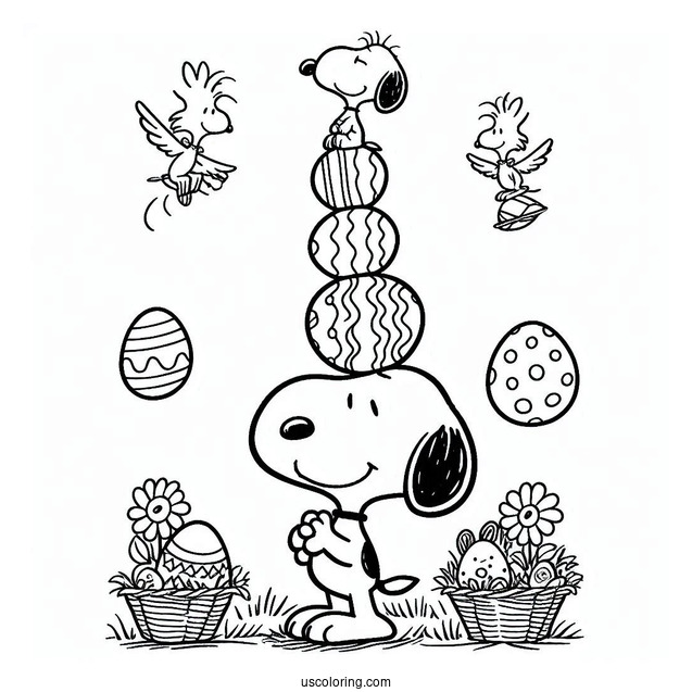 Easter Coloring Page Of Snoopy Balancing Easter Eggs With Woodstock On Top