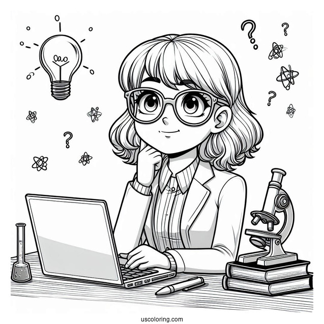 Nerdy Girl Studying Science Coloring Page On Her Laptop For Kids