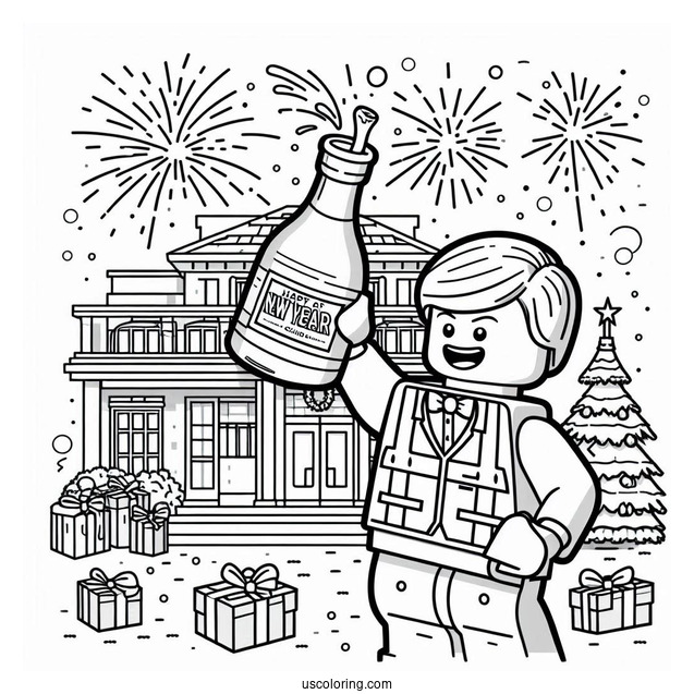Lego Man Popping A Wine Bottle On New Year Coloring Page