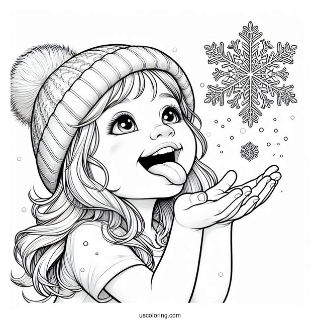 Realistic Little Girl Sticking Tongue Out To Catch Snowflake Coloring Page