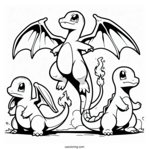 Charmander, Charmeleon, And Charizard Evolution Coloring In