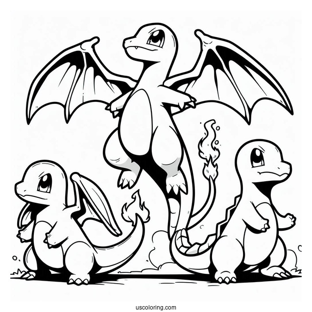 Charmander, Charmeleon, And Charizard Evolution Coloring In