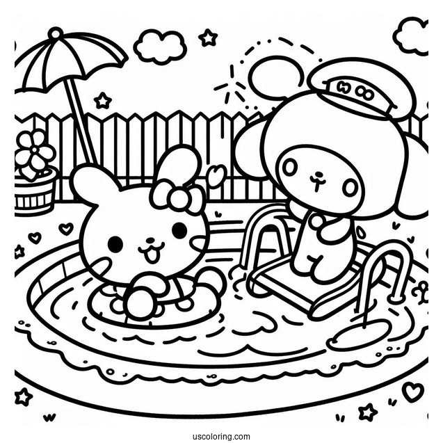 Sanrio Coloring Pages Of Keroppy And My Melody Playing In Pool Park