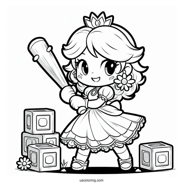 Princess Daisy Coloring Page Holding Block And Baseball Bat
