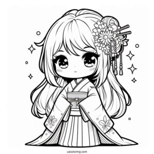 Beautiful Chibi Girl In A Kimono Coloring Page