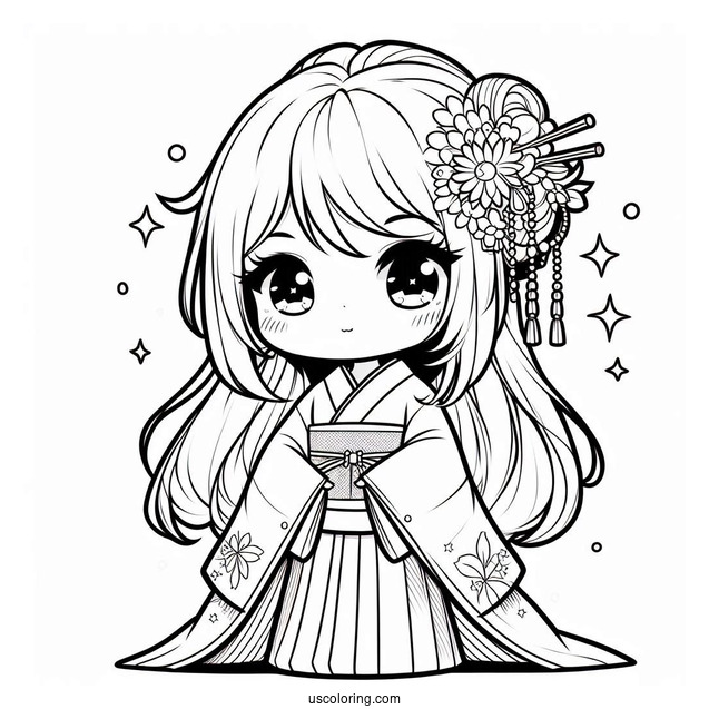 Beautiful Chibi Girl In A Kimono Coloring Page