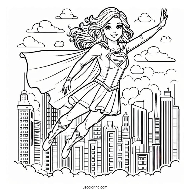 Coloring Page Of Supergirl Flying In The City