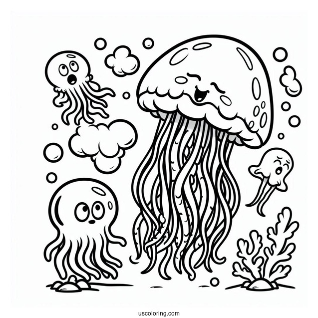 Jellyfish Scaring Squidward Coloring Page
