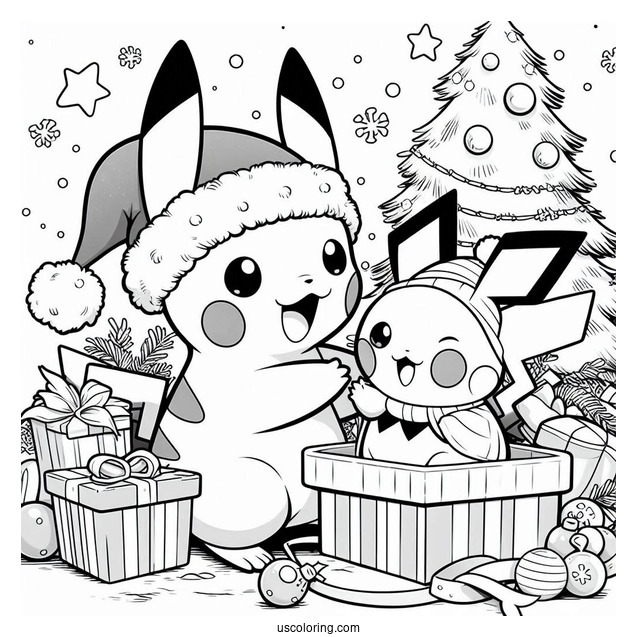 Pokemon Christmas Coloring Page Pikachu Giving Pichu A Present For Kids